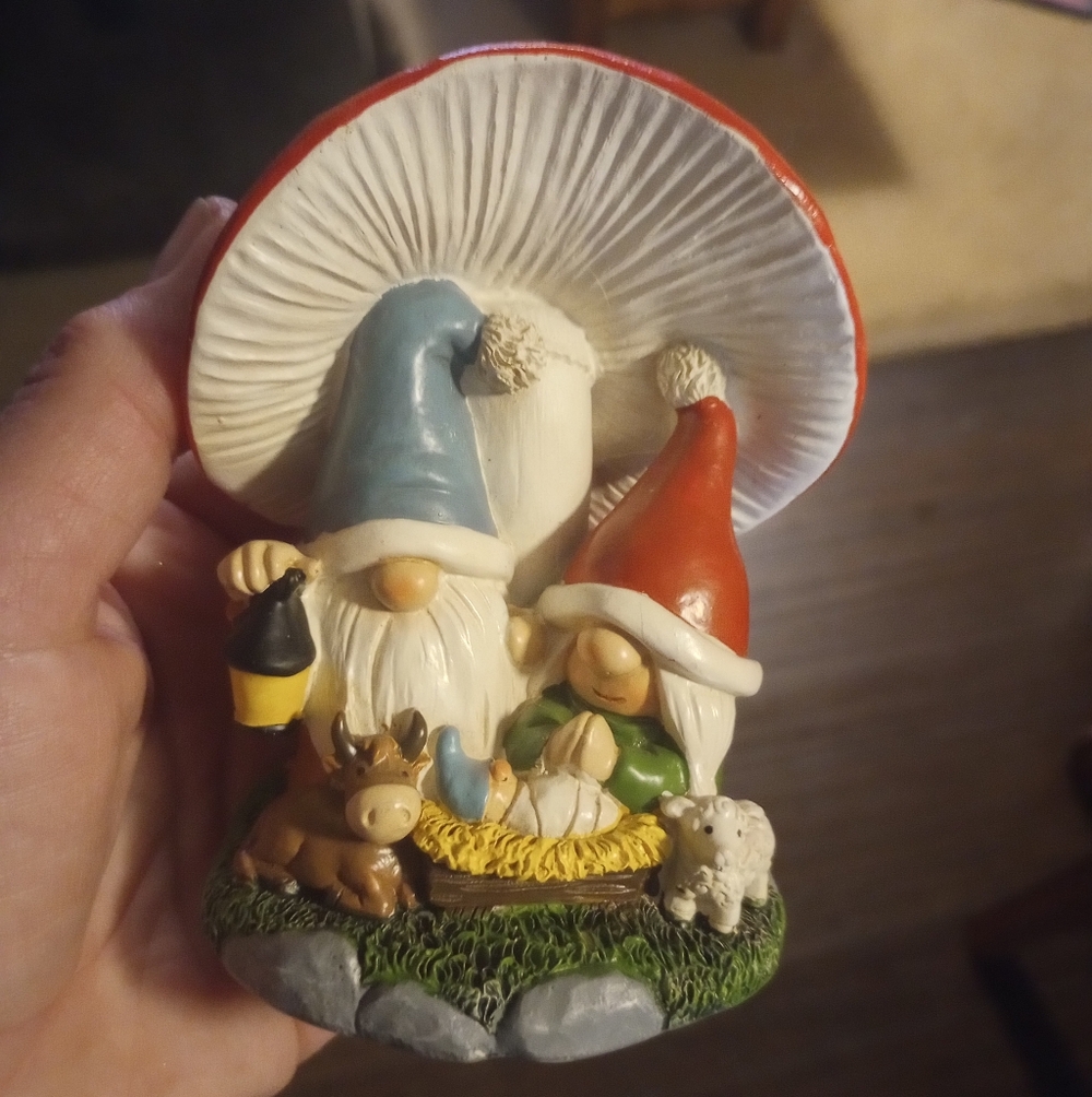 Whimsical Gnome Nativity Figurine with Mushroom